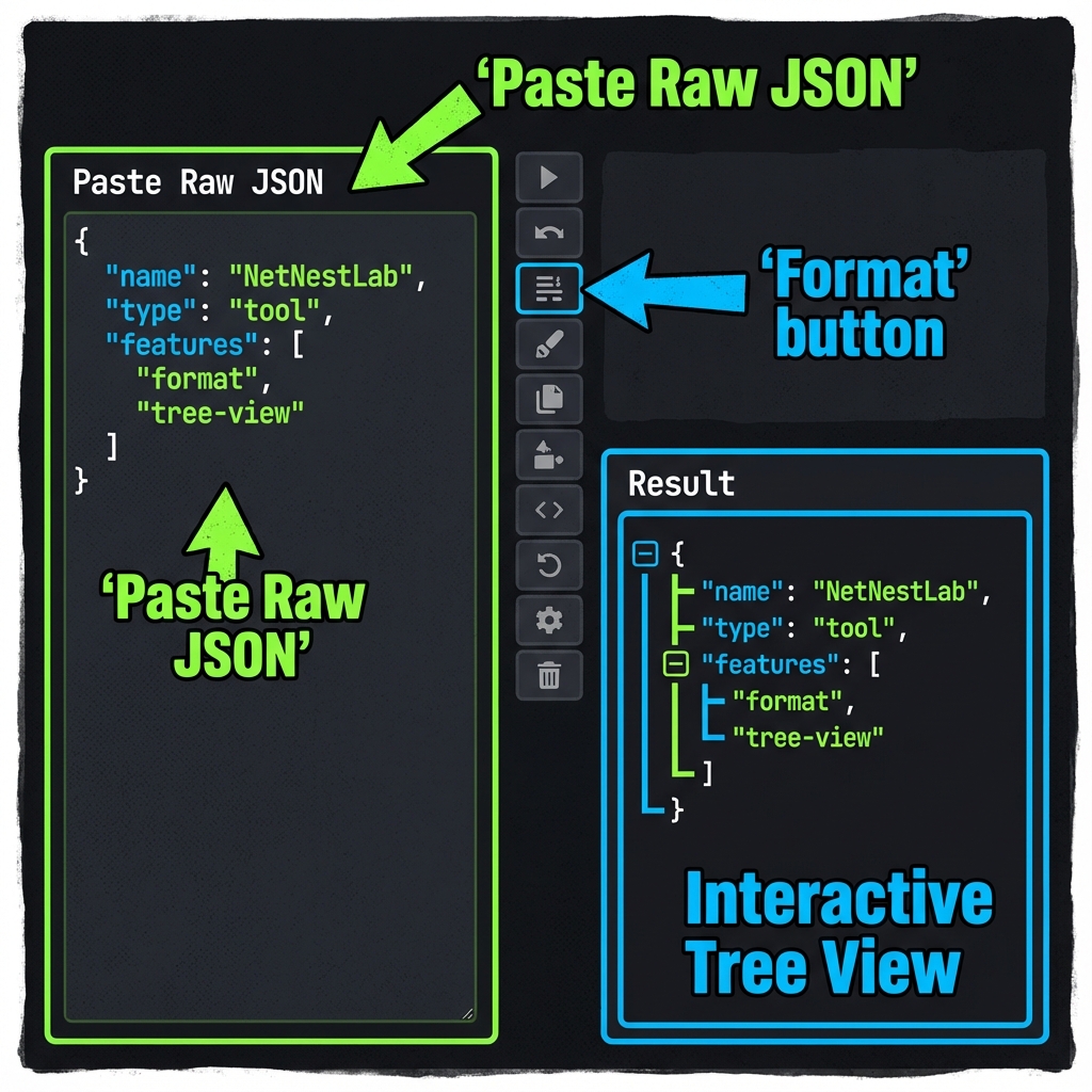 Technical interface of JSON Viewer with feature annotations and interactive controls